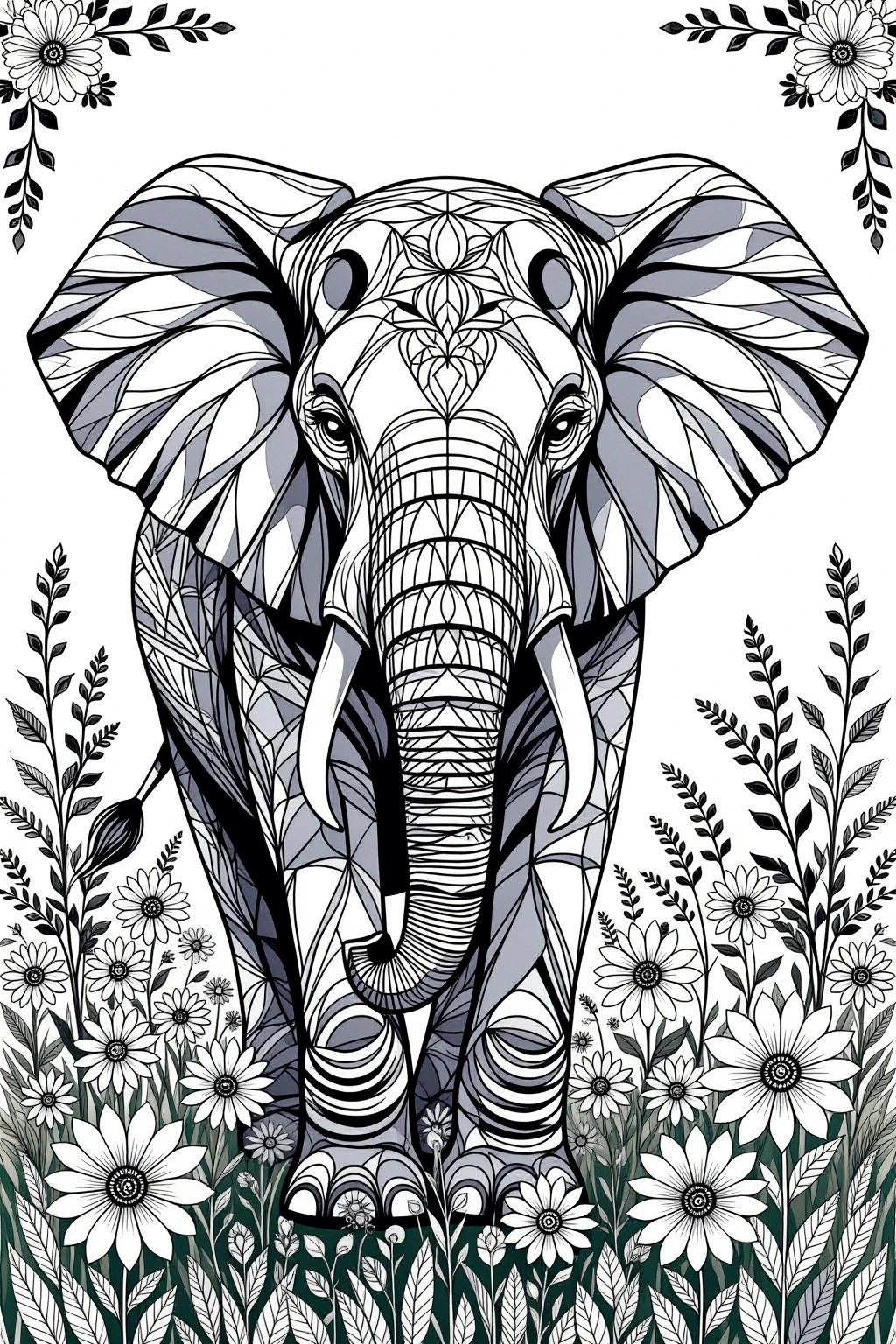 Intricate black and white animal design: a mandala inspired elephant with tusks standing among spring and summer wildflowers. Part of our detailed coloring page and ideal for both adult coloring and