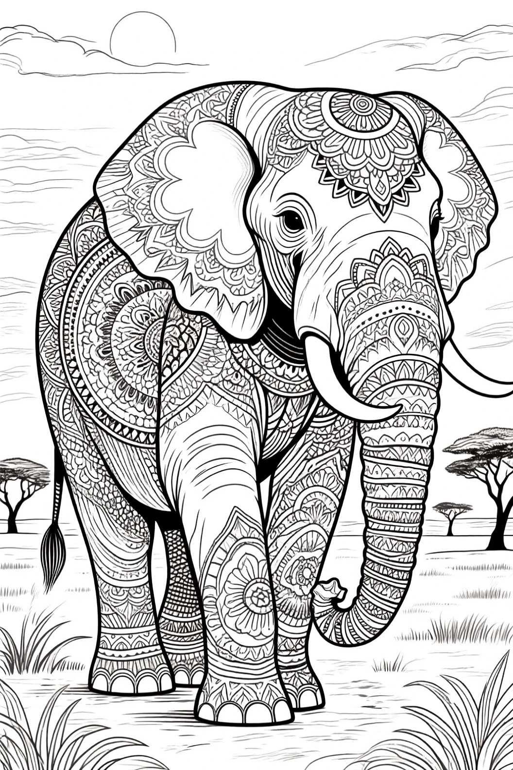 Intricate black-and-white elephant with mandala patterns in a savanna setting; great for animal coloring page and mandala coloring page. Ideal as detailed coloring page for adults and kids' coloring