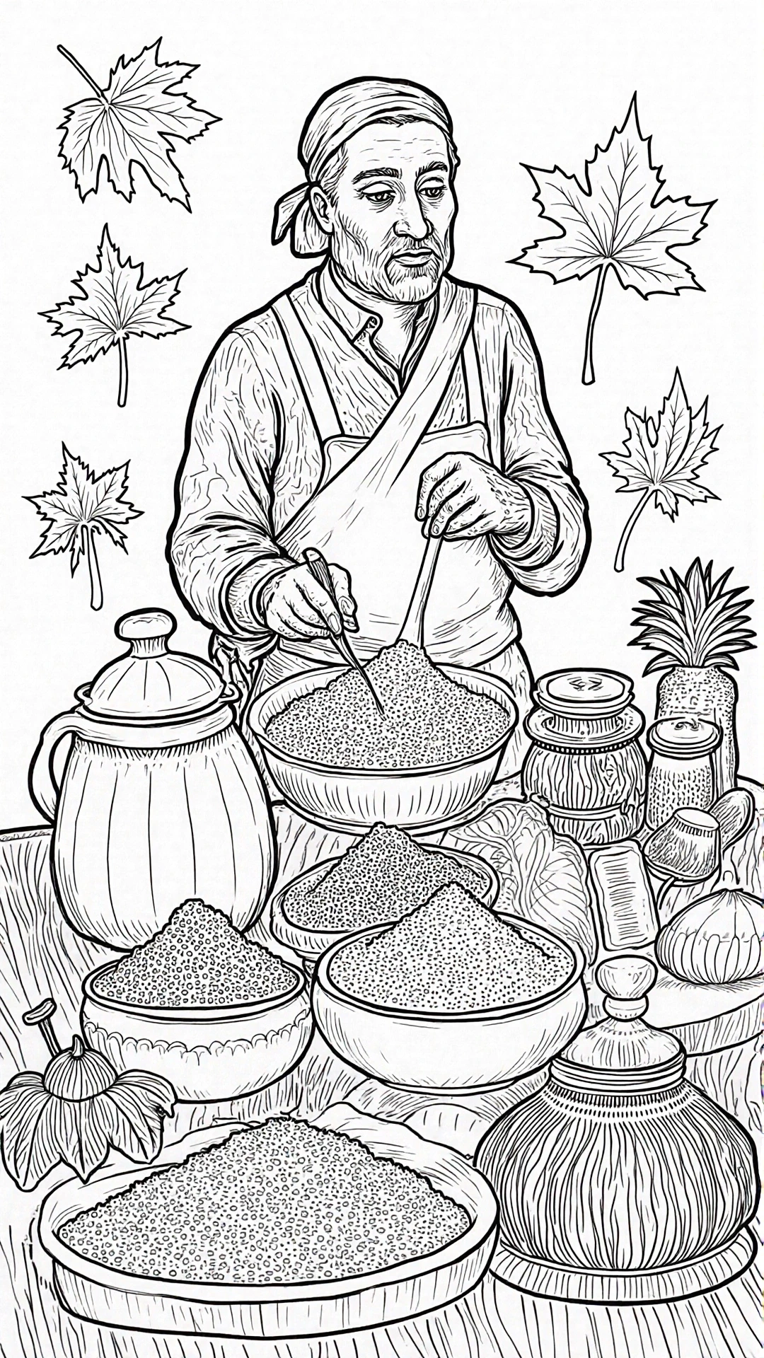 Black-and-white line drawing of a spice merchant in an apron mixing bowls of grains at a market table with autumn leaves people coloring page for fall coloring page. Works as detailed coloring page