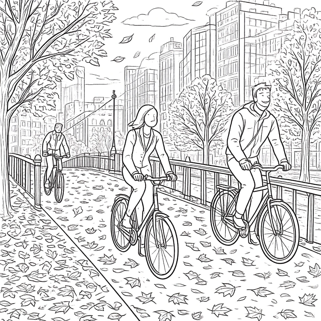 Autumn city bike ride coloring page with people on bicycles among fallen leaves detailed coloring page, kids' coloring page, printable coloring page and coloring sheets.