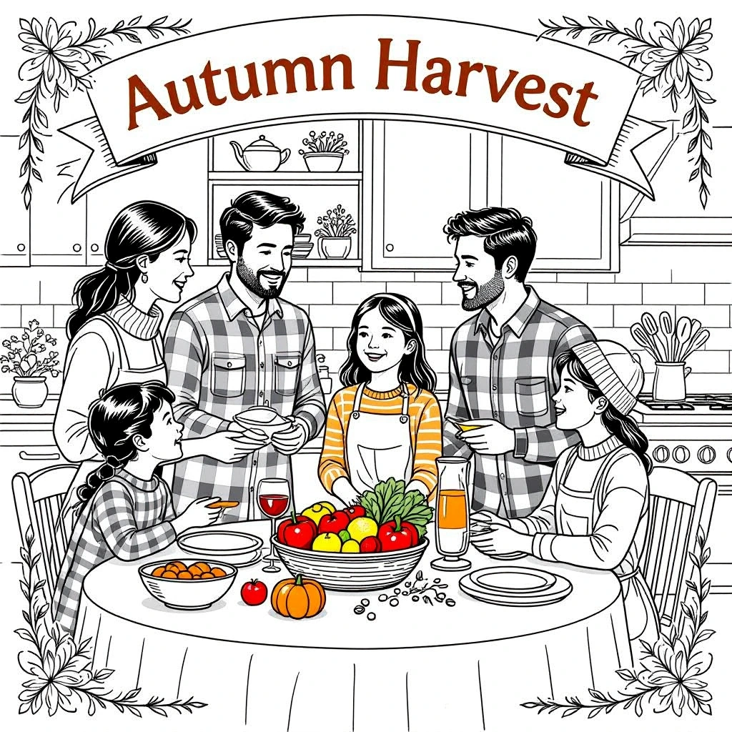 Black and white coloring page of family gathered around a table for an autumn harvest dinner with a banner overhead, kitchen background, and a centerpiece of fruit and pumpkins
