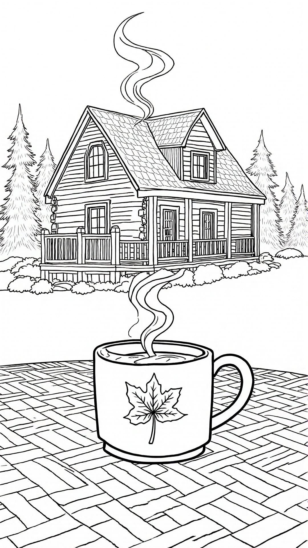 Black-and-white cozy cabin coloring page with pine trees and a steaming mug on a table detailed coloring page, kids' coloring page, printable coloring page and coloring sheets featuring a fall cabin
