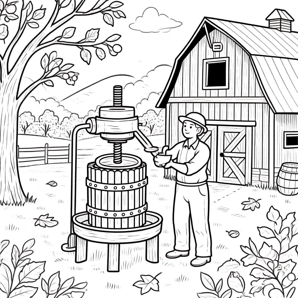 Black-and-white farm coloring page showing a barn, an apple press and a person operating it in an outdoor fall scene detailed coloring page, kids' coloring page, printable coloring page, coloring