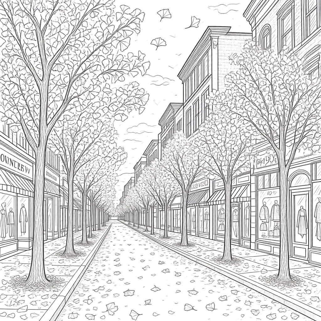 Black-and-white line art of a tree-lined city street with storefronts and fallen leaves detailed coloring page ideal for kids' coloring page, printable coloring page, and coloring sheets in a fall