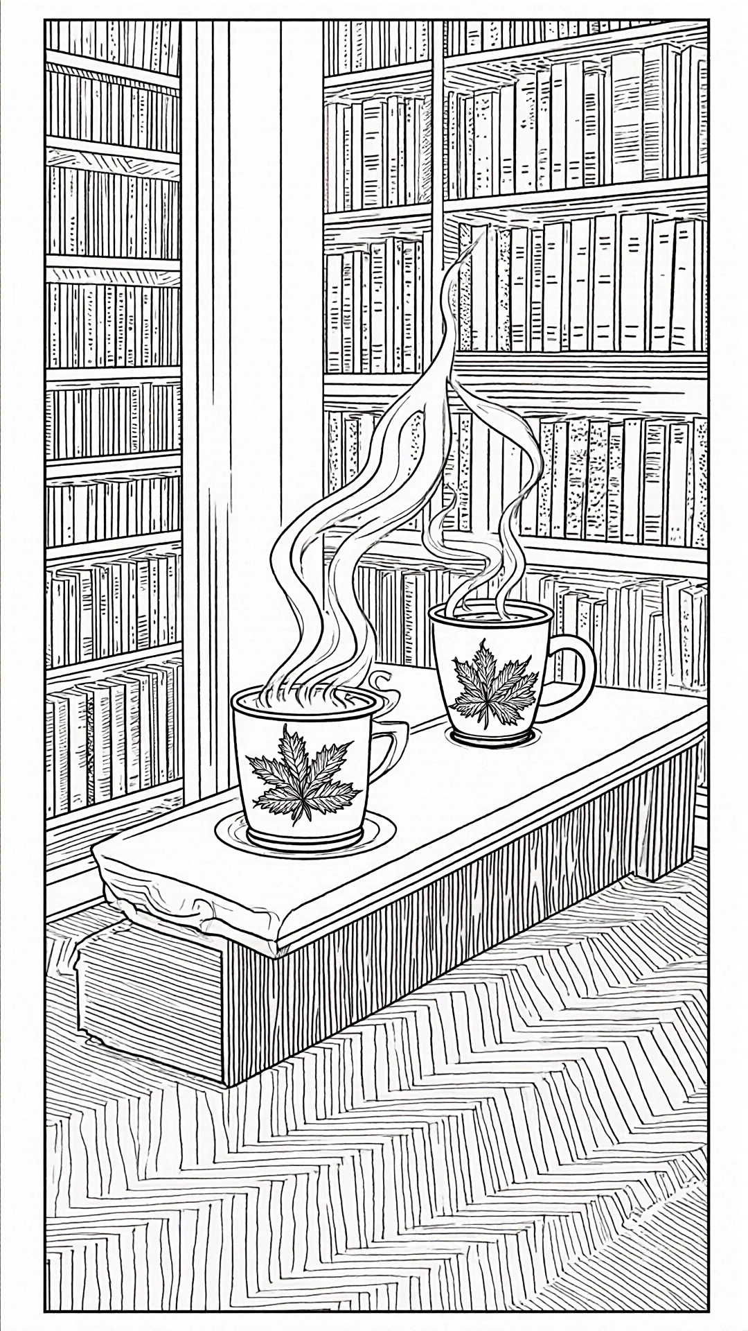 Black-and-white line art of a cozy library scene with bookshelves, two steaming mugs with leaf designs on a bench detailed coloring page, kids' coloring page, printable coloring page, coloring sheets.