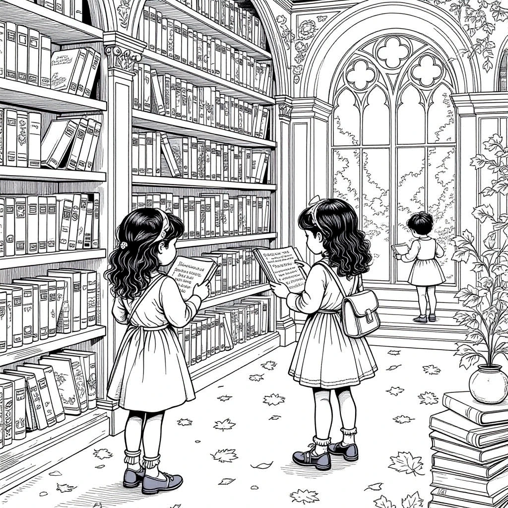 Black-and-white library coloring page showing children reading among bookshelves; detailed coloring page for kids' coloring page, printable coloring page and coloring sheets with fall leaves and