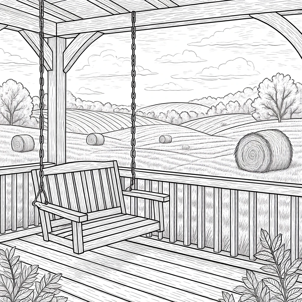 Black-and-white line art of a porch swing overlooking rolling fields with hay bales and trees a detailed coloring page perfect for kids' coloring page, detailed coloring page, printable coloring page.