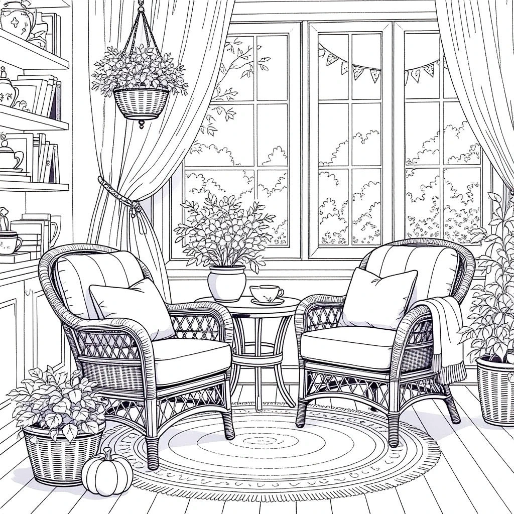 Black-and-white cozy sunroom coloring page with two wicker chairs, plants, rug and pumpkin detailed coloring page, kids' coloring page, printable coloring page and coloring sheets for fall and cozy