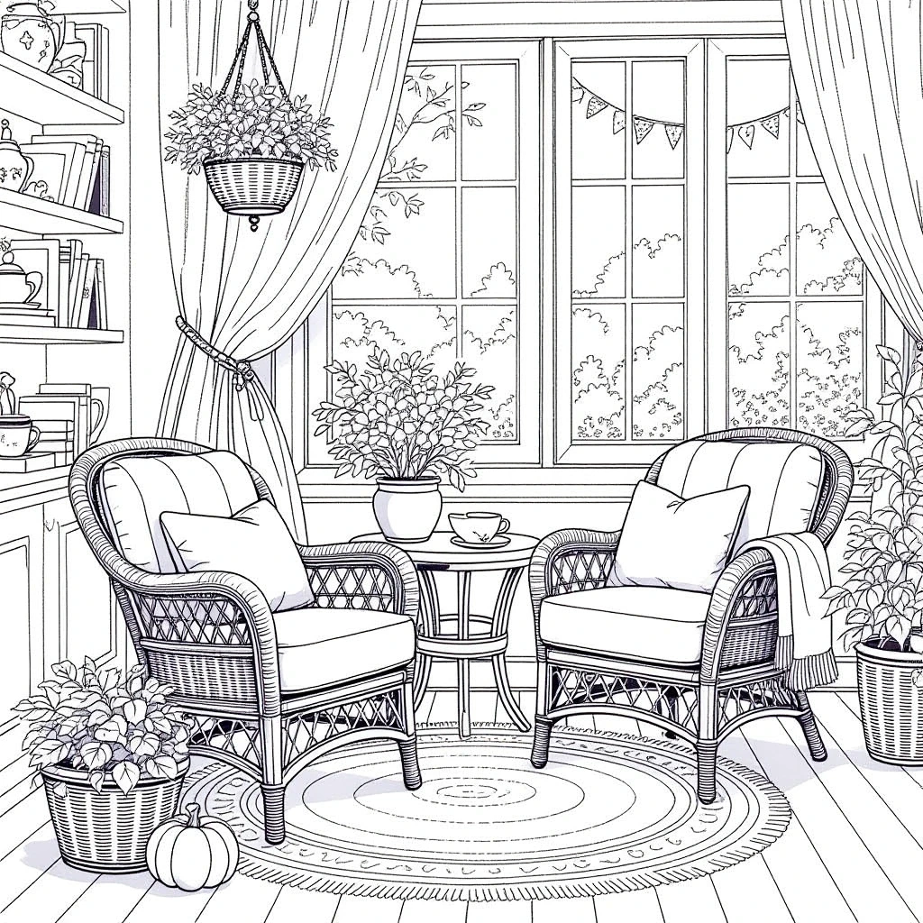 Black-and-white cozy sunroom line art for printable coloring page: two wicker chairs, round rug, potted plants, hanging basket and a pumpkin perfect detailed coloring page, kids' coloring page and