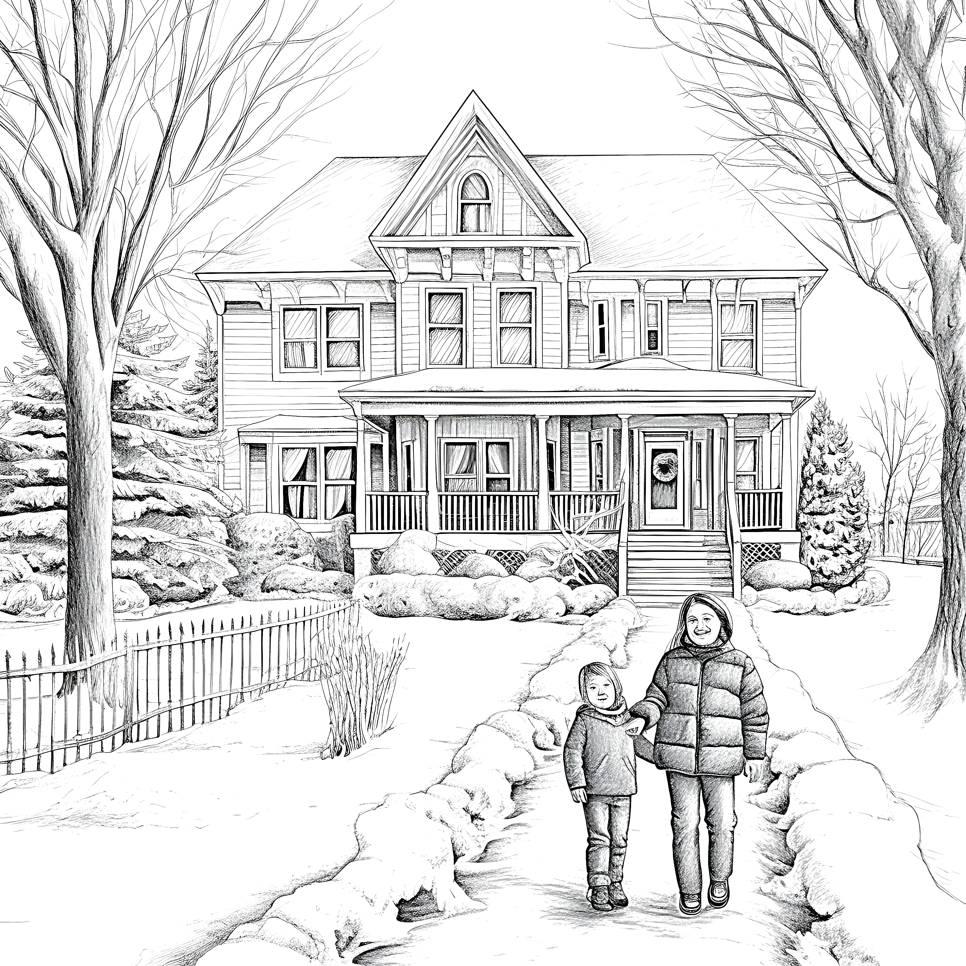 A detailed winter coloring page showing a large house covered in snow with two people walking on a snowy path in front of it.