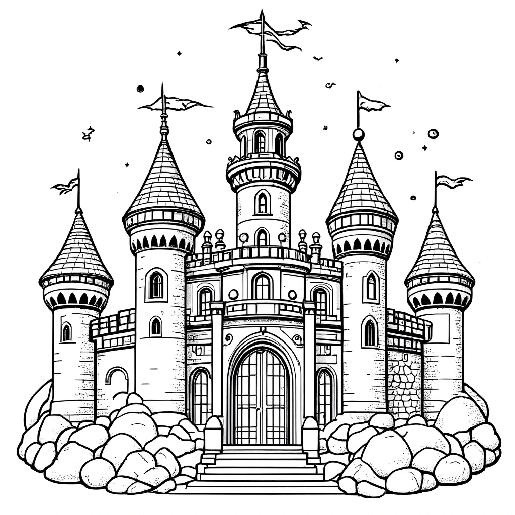 Black-and-white line art of a fairytale castle with tall turrets and flags ideal for printable coloring page and coloring sheets. Suited for a printable coloring page featuring detailed coloring page