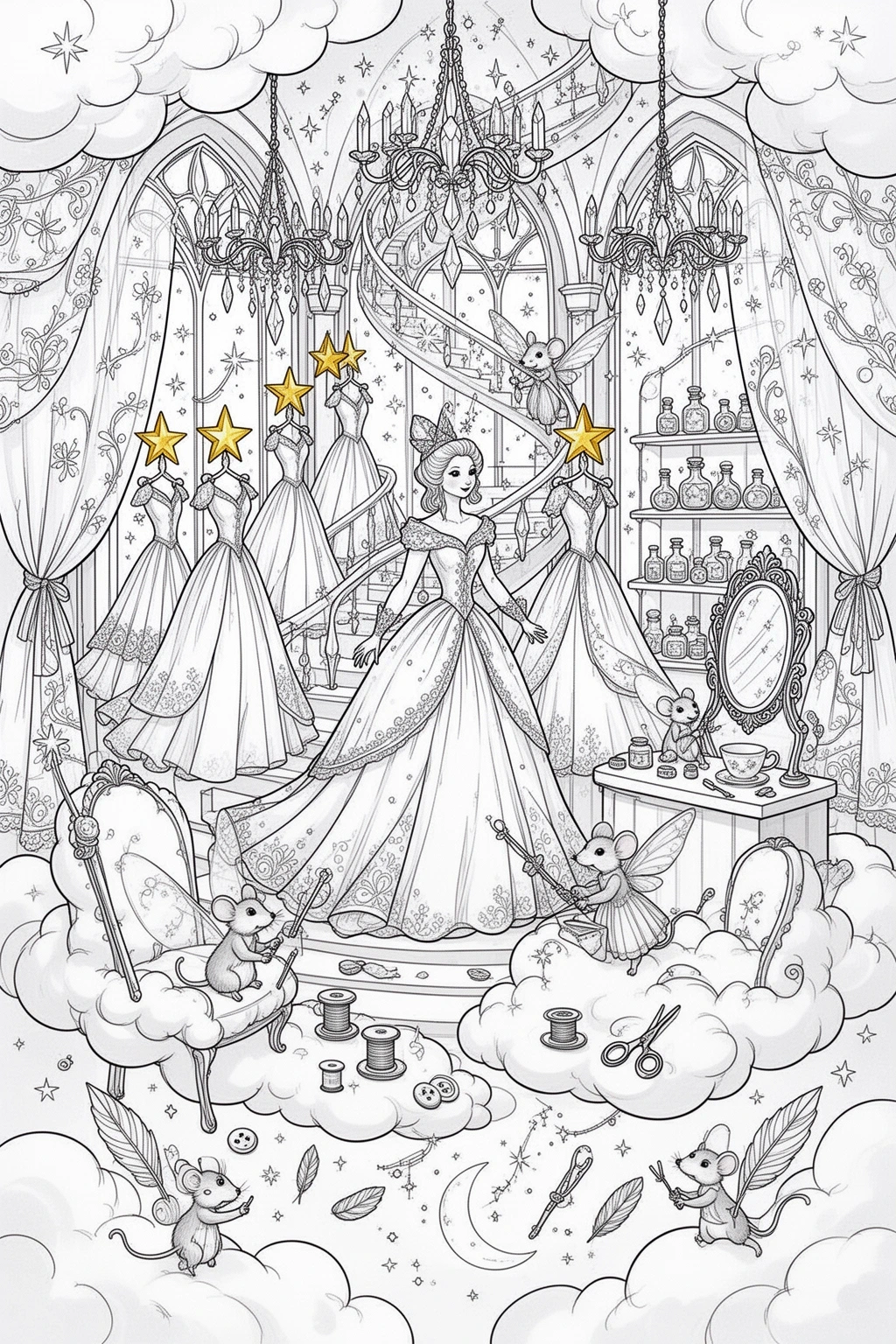 Black and white coloring page of whimsical fairy godmother dress shop in the clouds with elegant gowns, chandeliers, mirrors, mice, and magical details