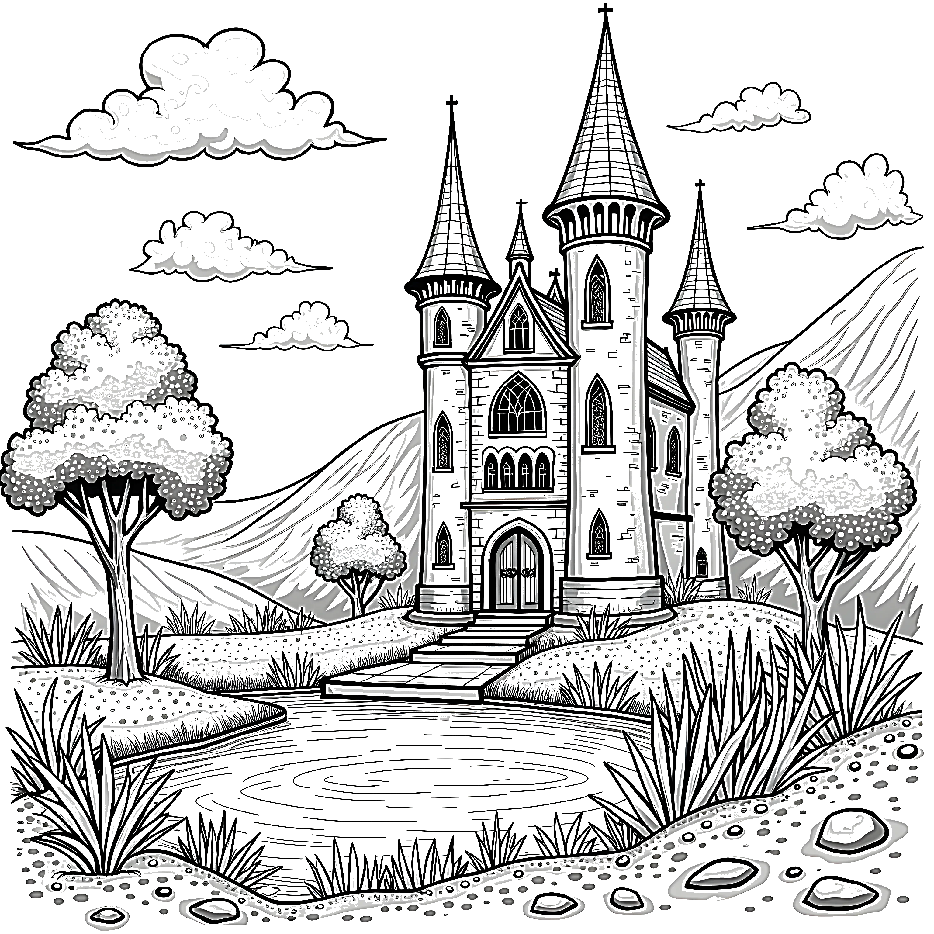 Black and white coloring page of fantasy castle with tall towers and turrets standing in a landscape with trees, clouds, hills, and a pond