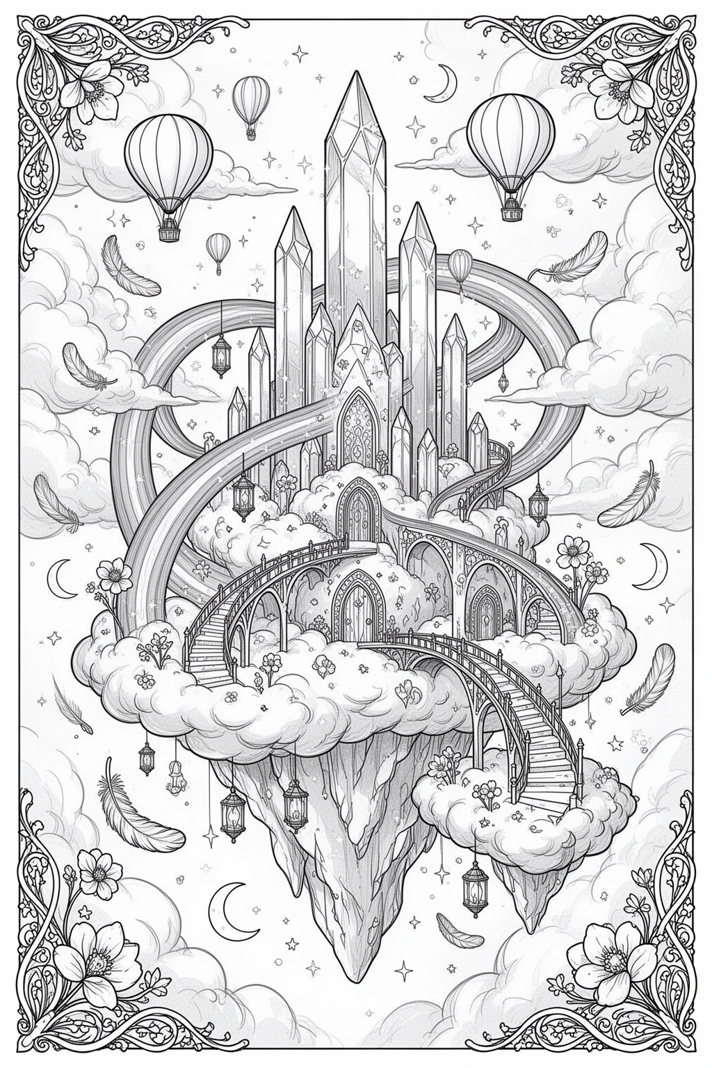 Intricate coloring page of a fantasy cloud city with tall crystal towers, rainbow bridges, hot air balloons, clouds, moons, stars, feathers, and floral corner borders.