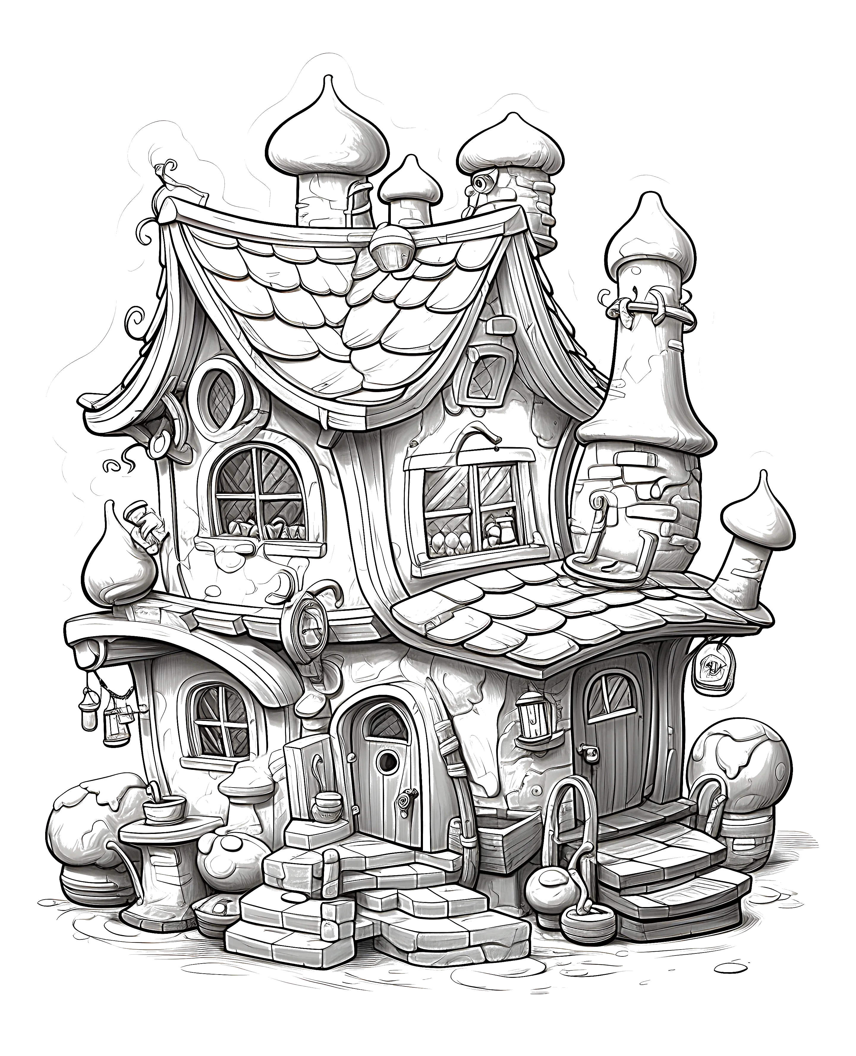 Black and white coloring page of whimsical fantasy mushroom house with multiple rounded roofs, windows, doors, and small steps in black and white line art