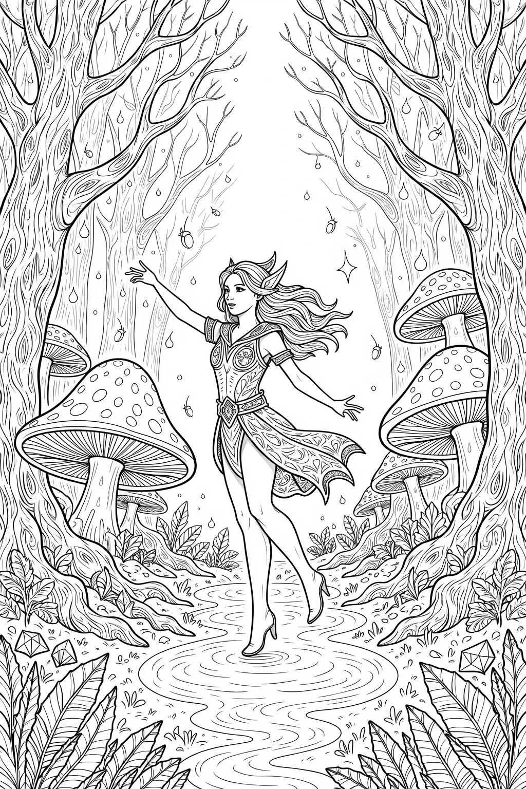 Black and white coloring page of fairy standing in a magical forest with large mushrooms, tall trees, and floating sparkles