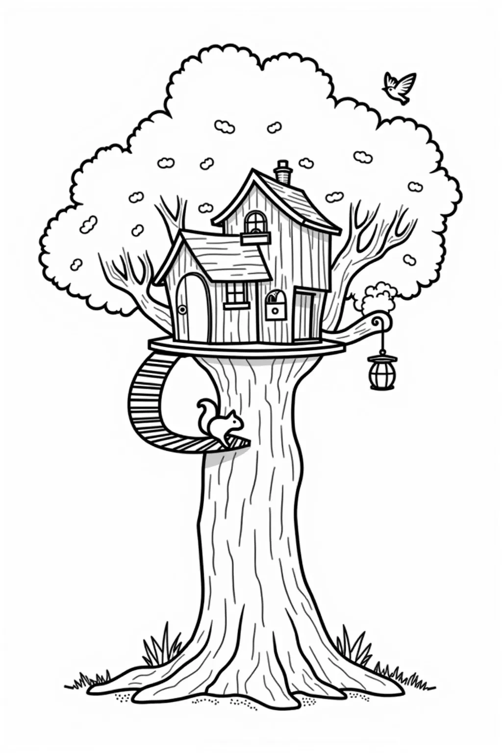 Free Cozy Treehouse Adventure Coloring Page printable black and white coloring sheet.