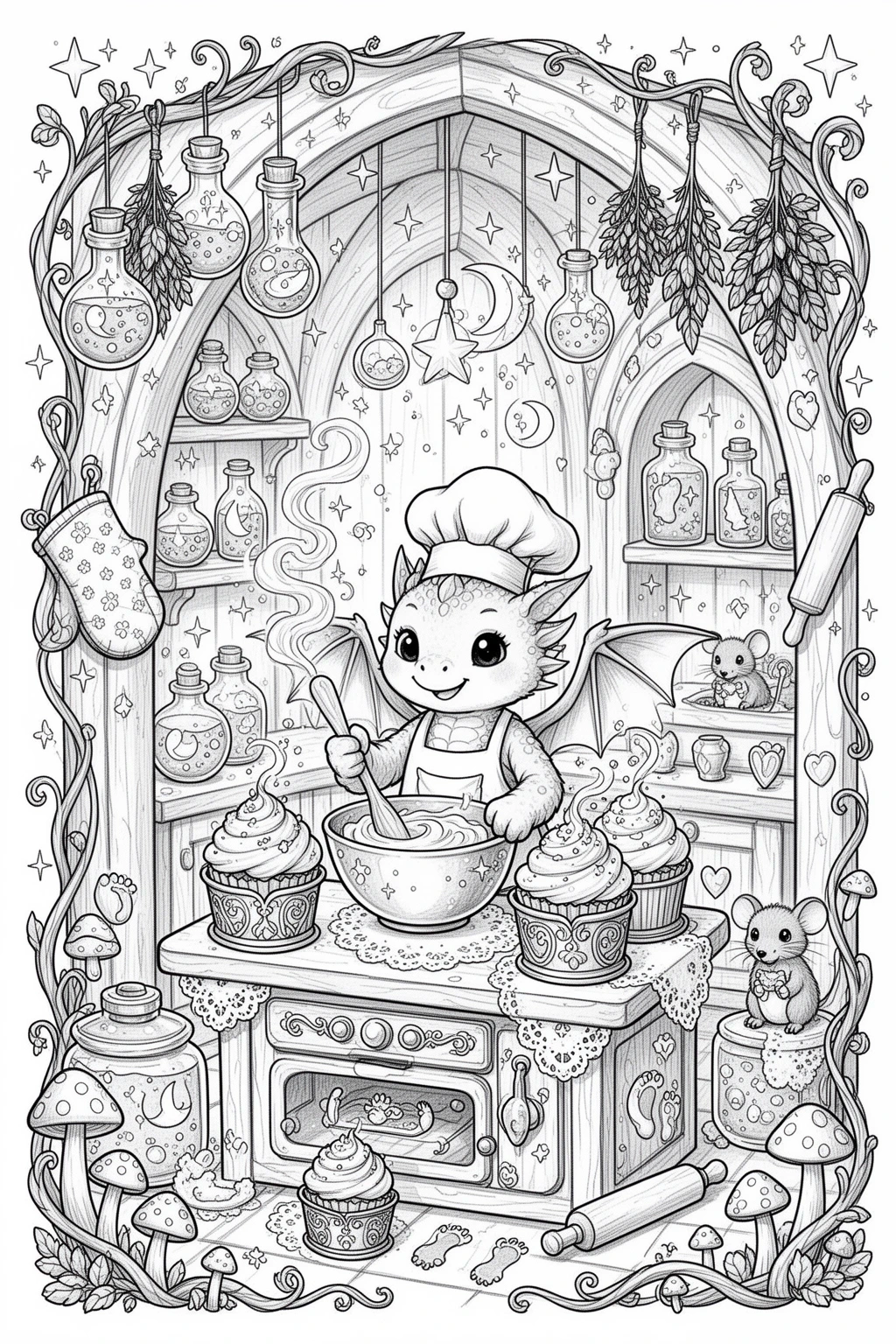Tiny Dragon Baking Cupcakes coloring page.