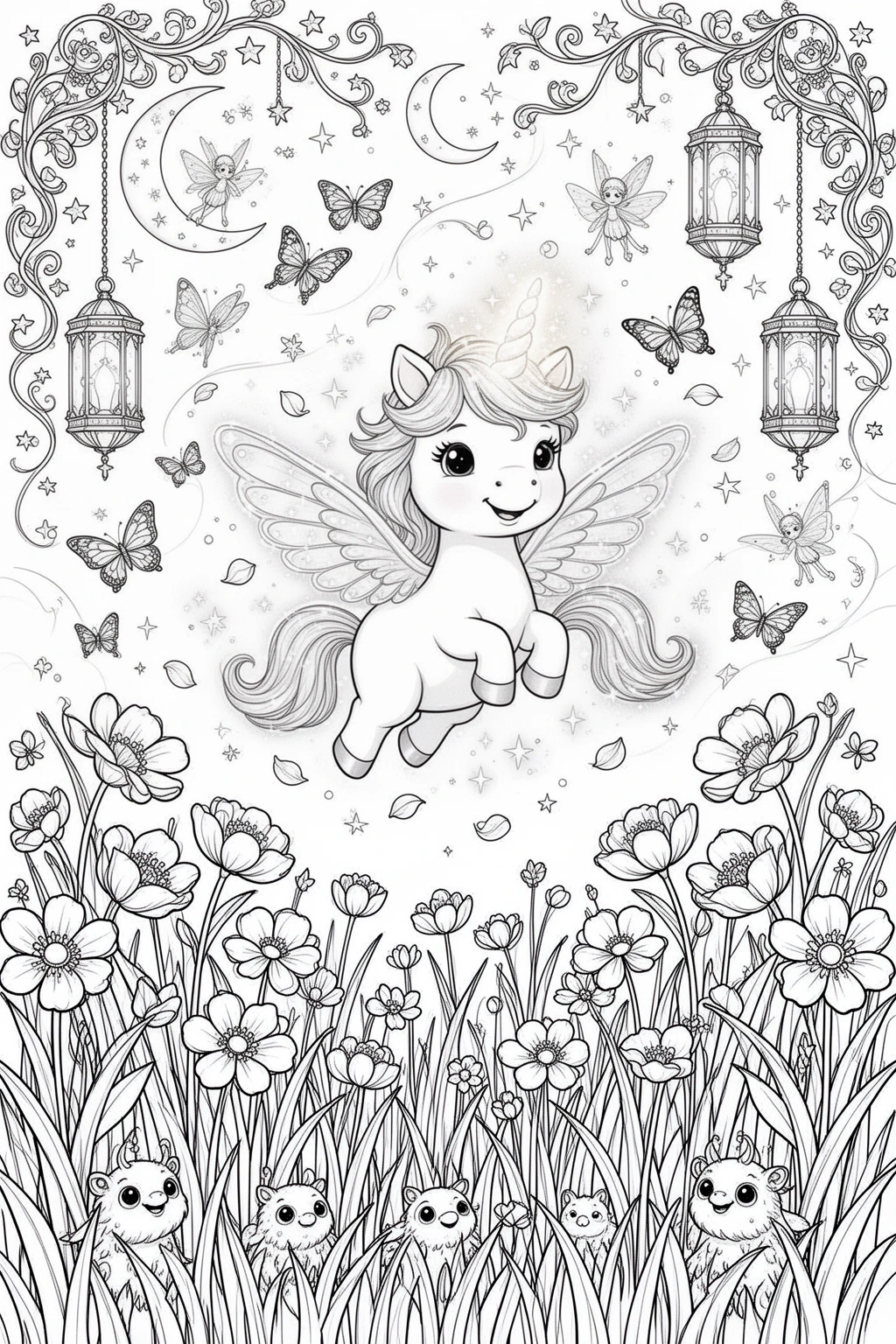 Enchanted Baby Unicorn First Flight coloring page.