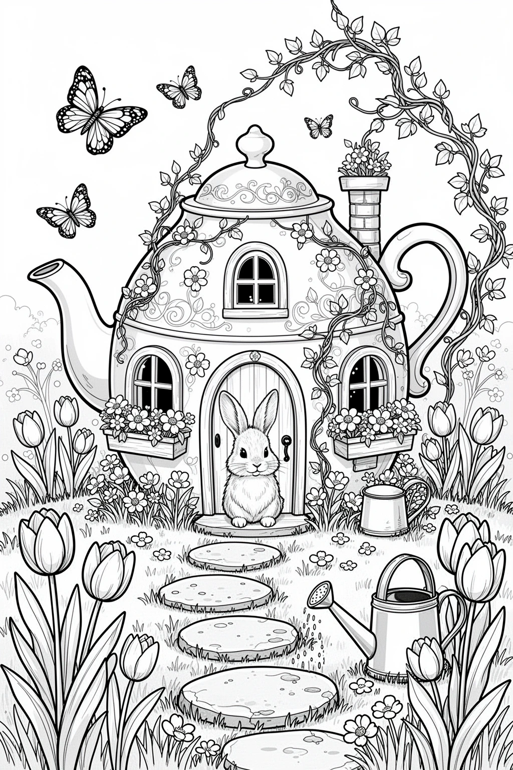 Detailed coloring page of a bunny beside a teapot cottage with tulips, butterflies, and spring garden details.