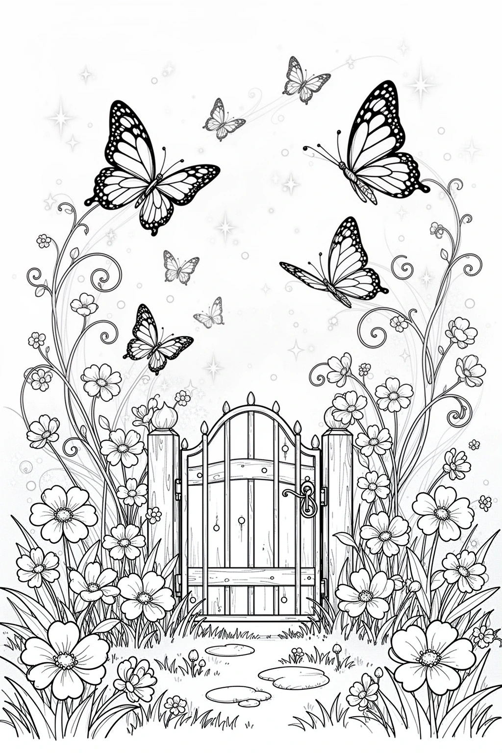 Black-and-white coloring page of butterfly fairy garden coloring page.