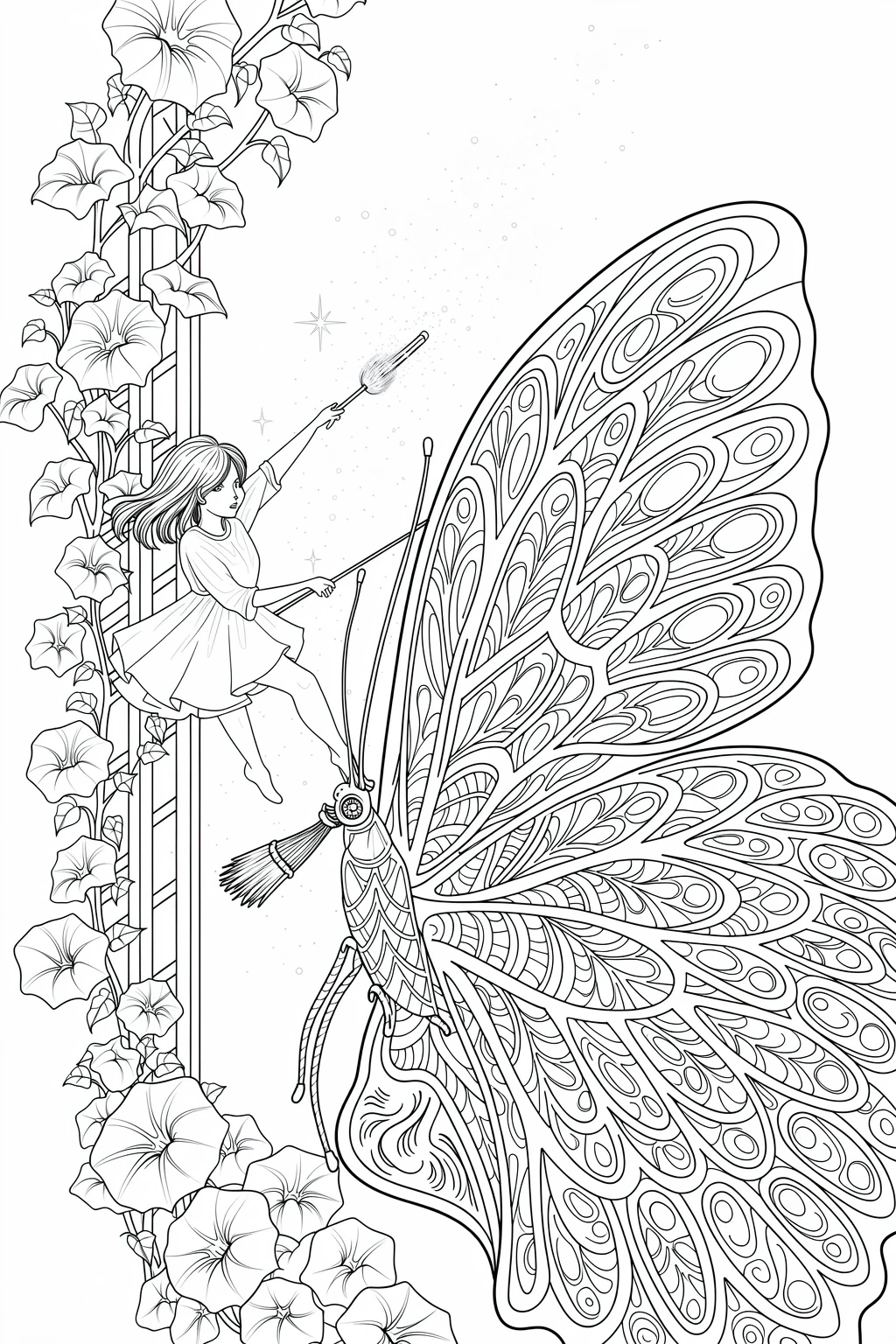 Black-and-white fairy riding a giant patterned butterfly among morning glory vines detailed coloring page, kids' coloring page, printable coloring page and coloring sheets with mandala-style wings.