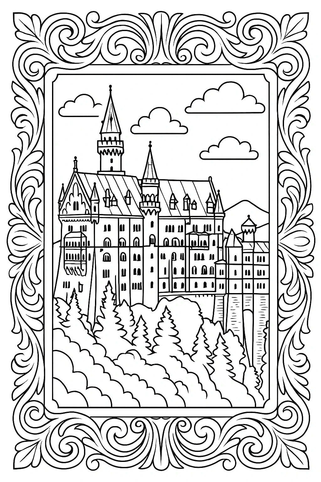 Black-and-white detailed castle coloring page with ornate frame, clouds, trees and towers a printable coloring page style coloring sheet ideal for kids' coloring page and detailed coloring page