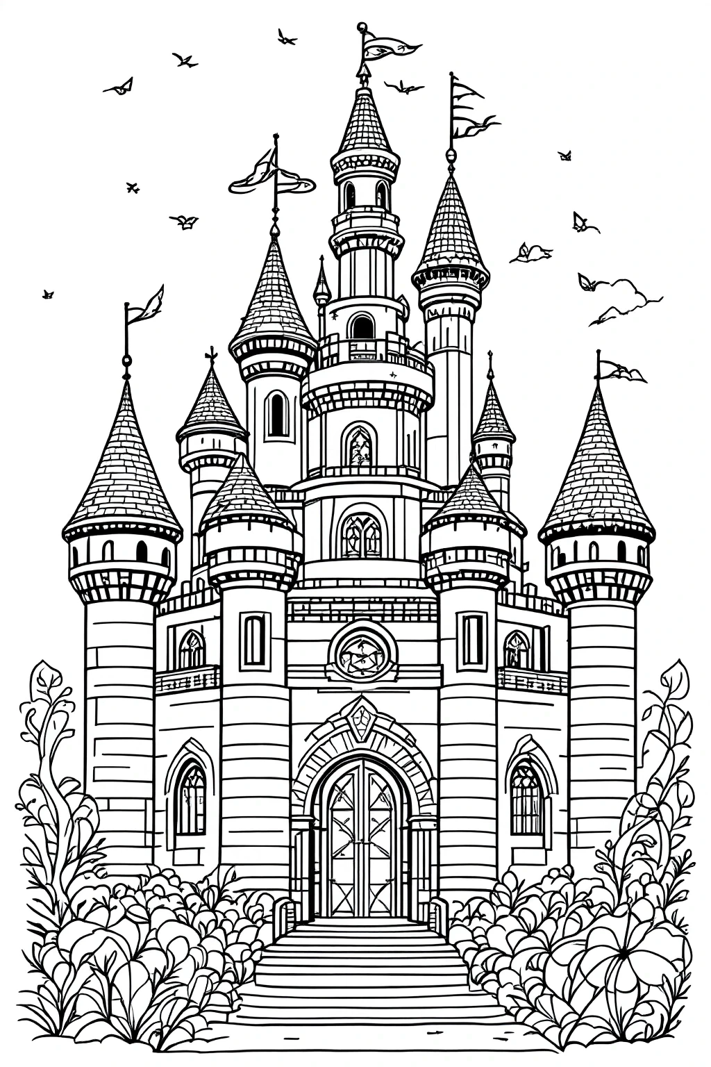 Intricate fairy tale castle line art with multiple towers, flags, and garden plants printable coloring page ideal for kids' coloring page and detailed coloring page. These coloring sheets can be used.