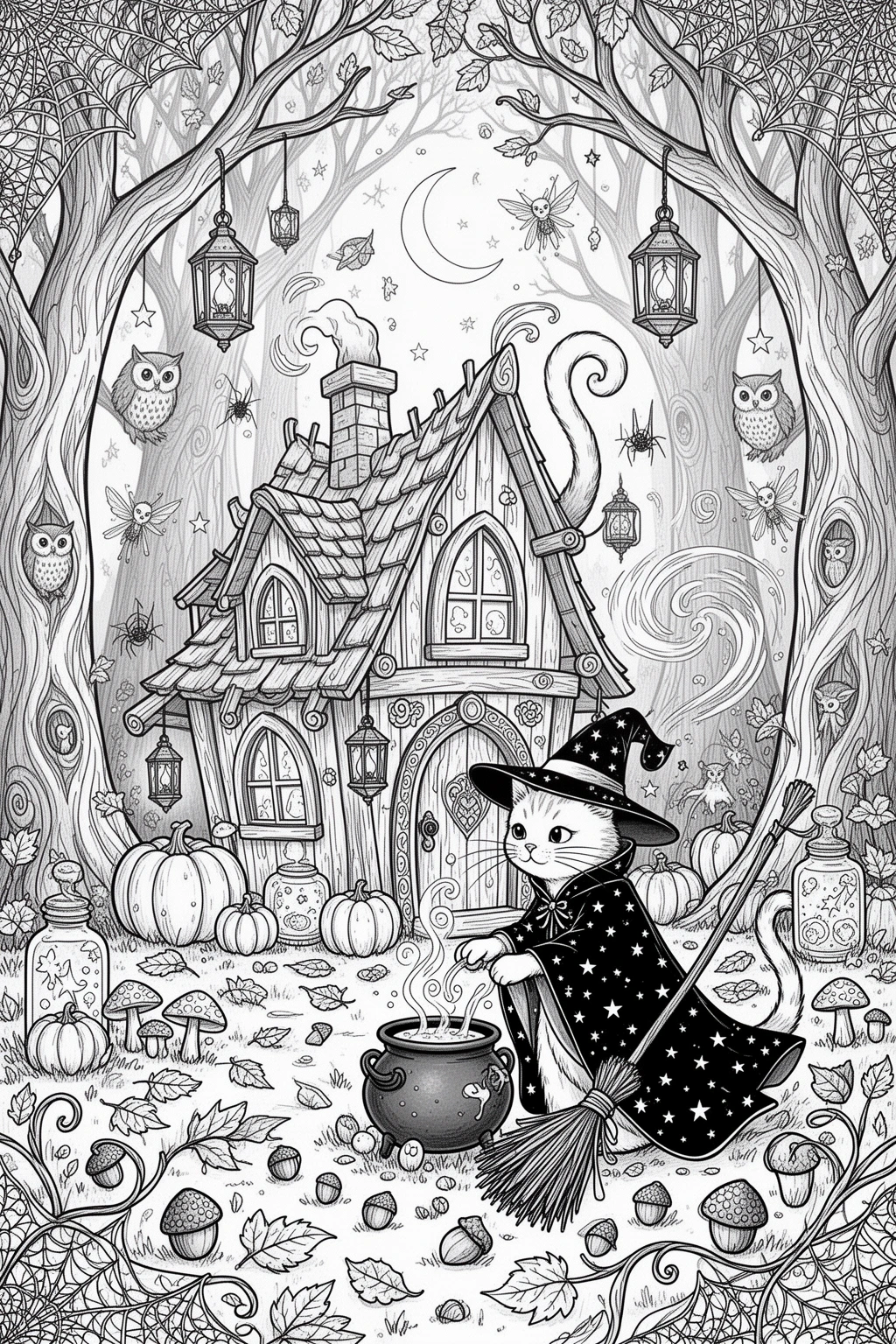 Purr-fectly Spooky Cat Witch Cottage coloring page.