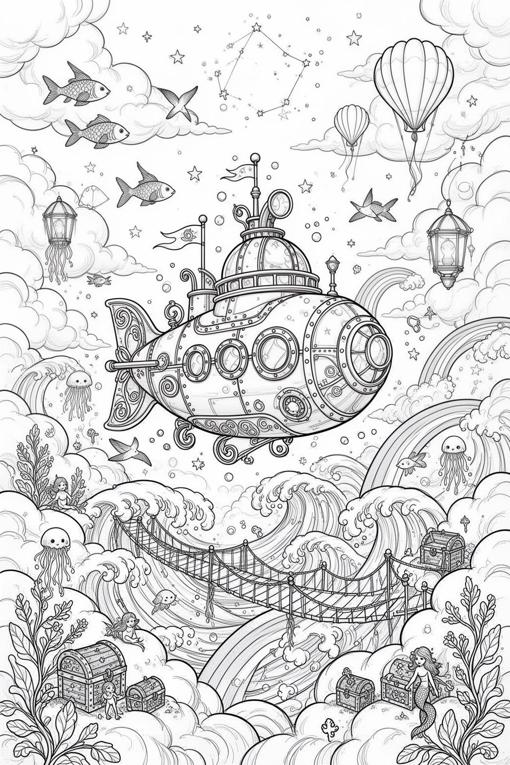 Cloud Ocean Adventure Printable coloring page.