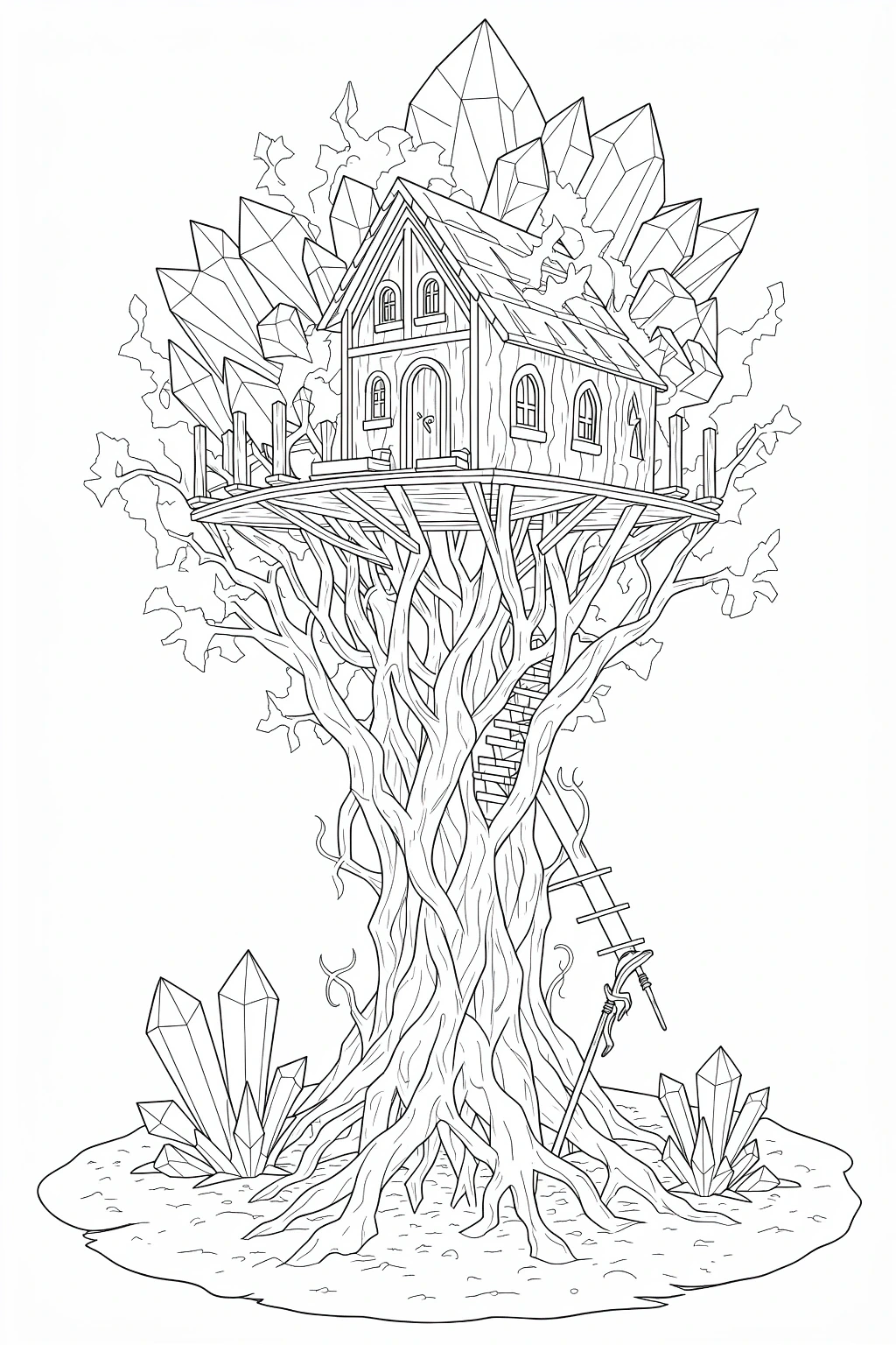 Line art of a detailed treehouse built on twisting roots with crystal clusters around it printable coloring page and coloring sheets for kids' coloring page and a detailed coloring page perfect for a
