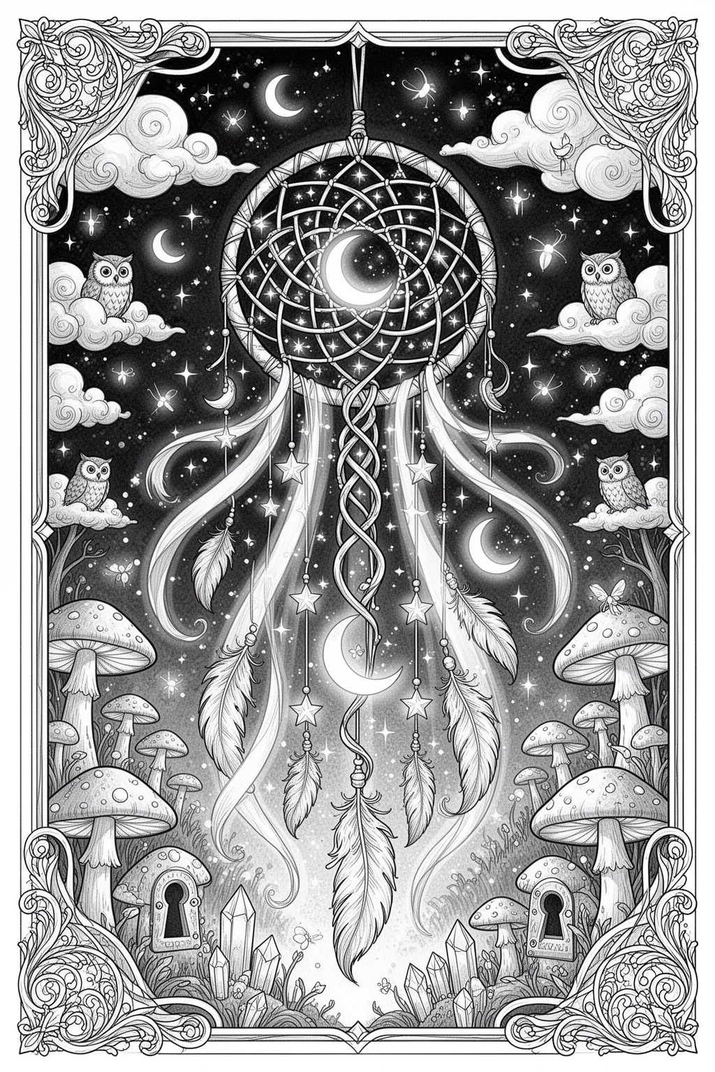 Can You Color This Moonbeam Dream Catcher? Printable coloring page.