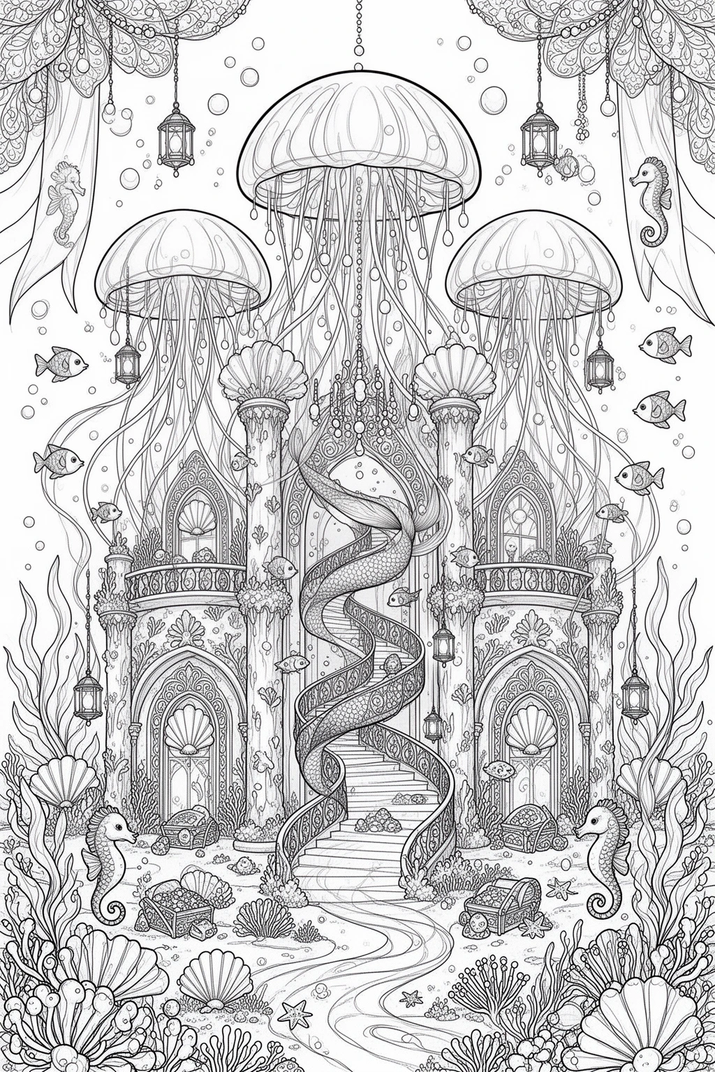 Can You Color This Dreamy Jellyfish Palace? coloring page.