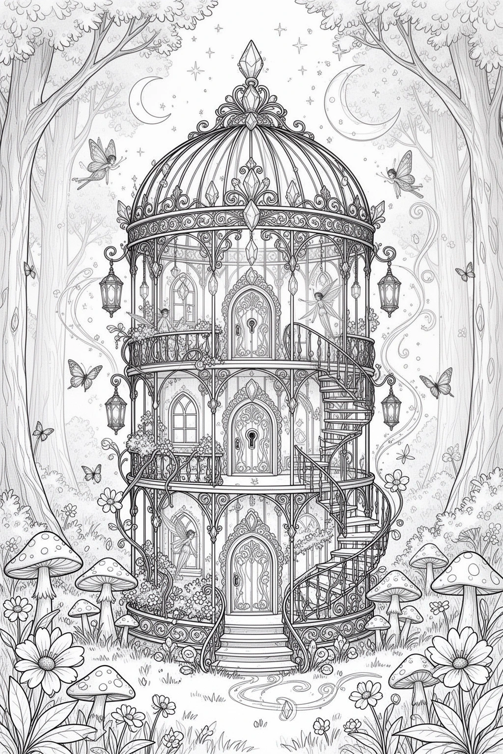Enchanted Birdcage Mansion | Magical coloring page.