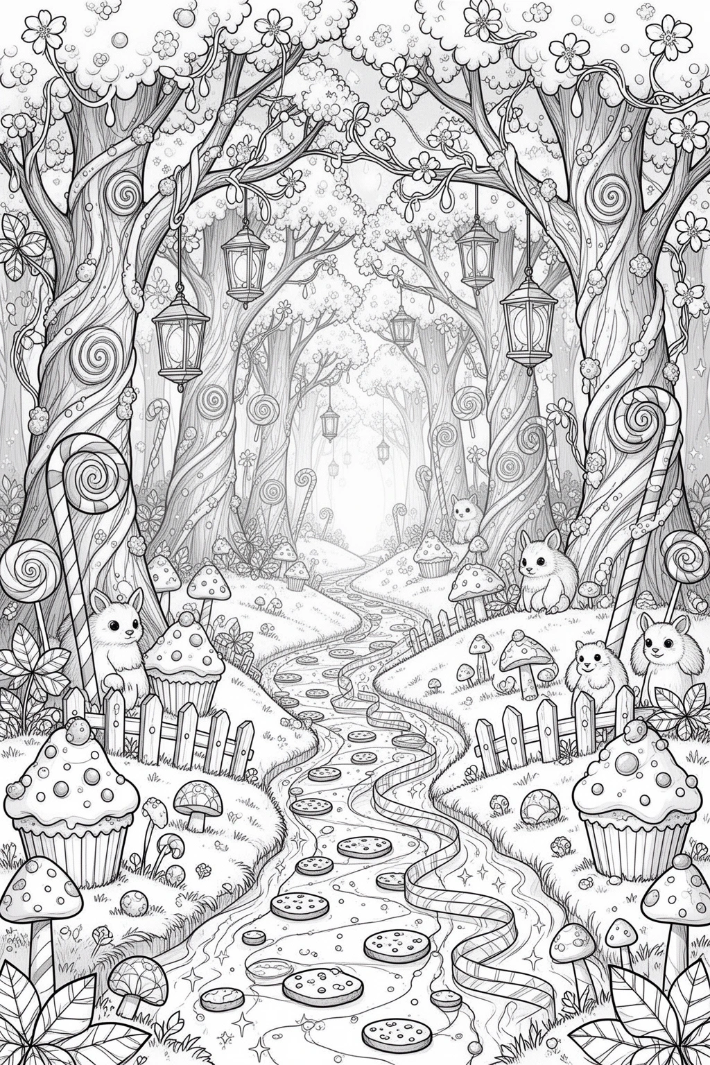 Enchanted Candy Forest coloring page with Gingerbread Path.