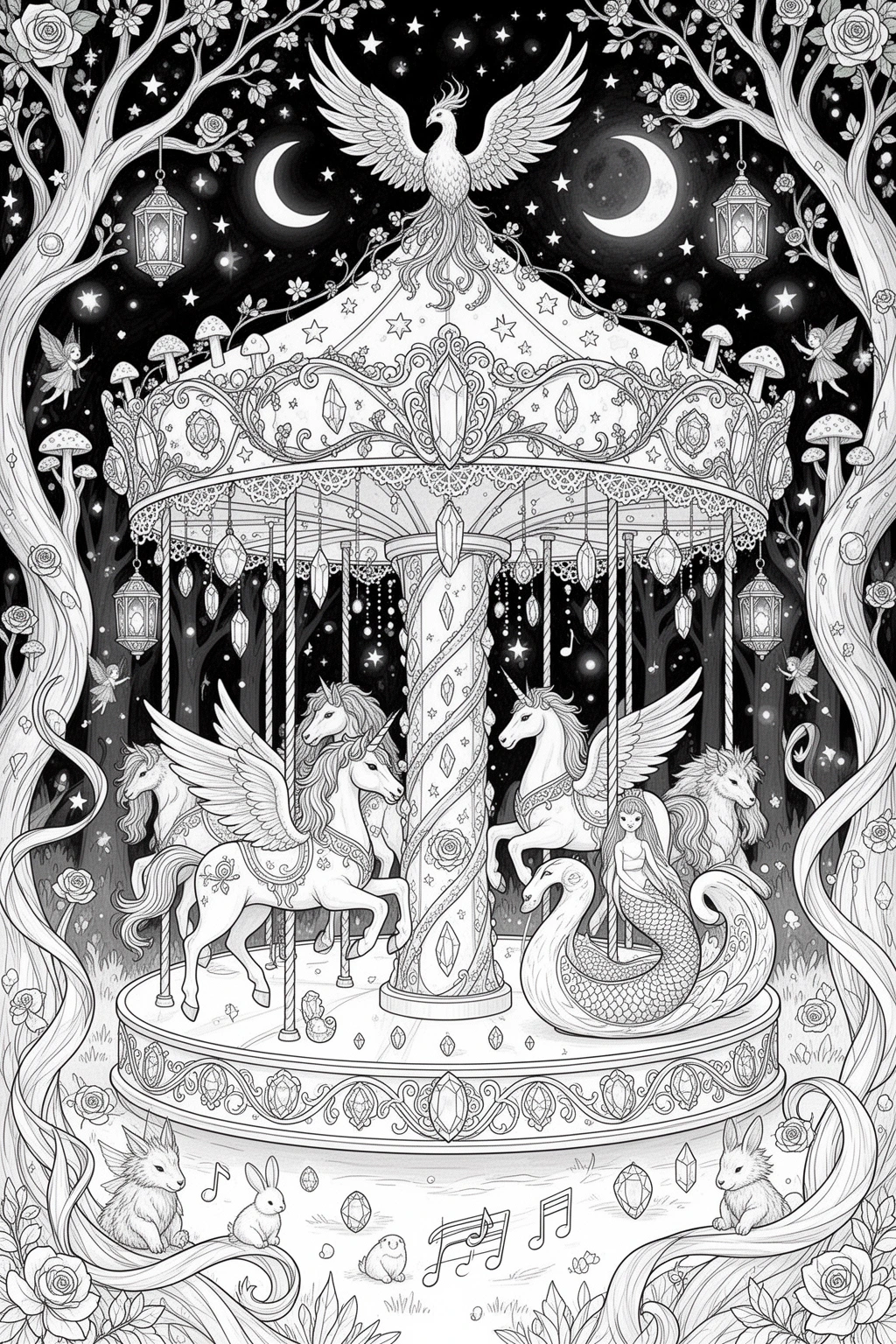 Enchanted Carousel of Mythical Creatures | coloring page.