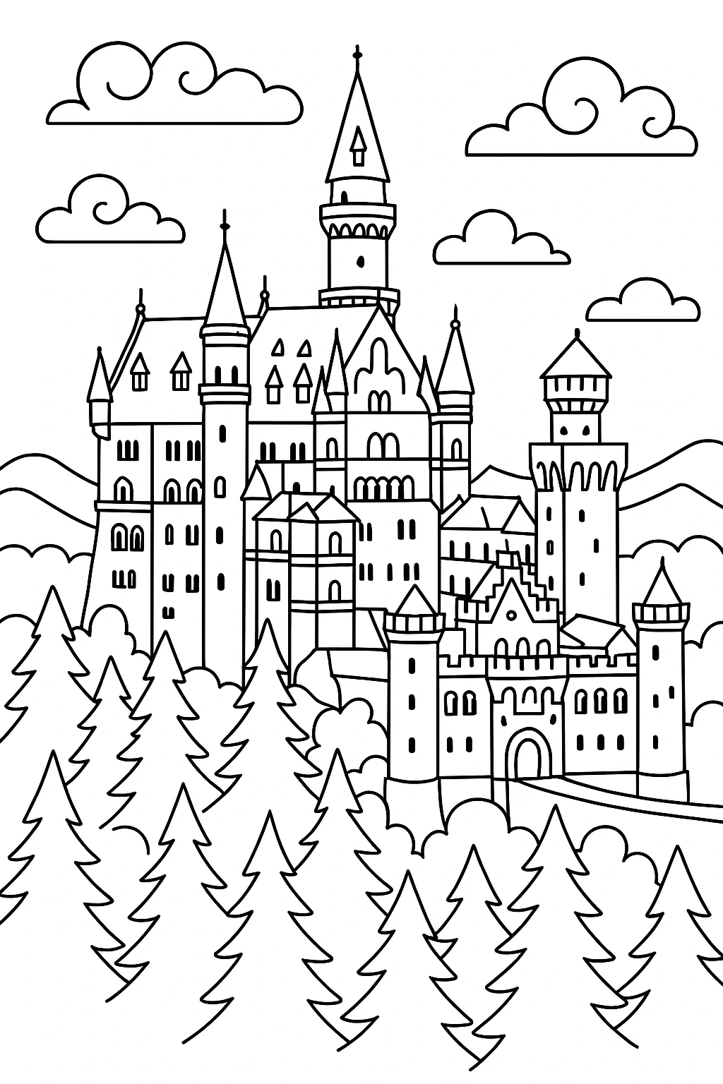Black-and-white castle line art coloring sheet showing a large fairytale castle behind pine trees and clouds. A printable coloring page with detailed coloring page elements, kids' coloring page and