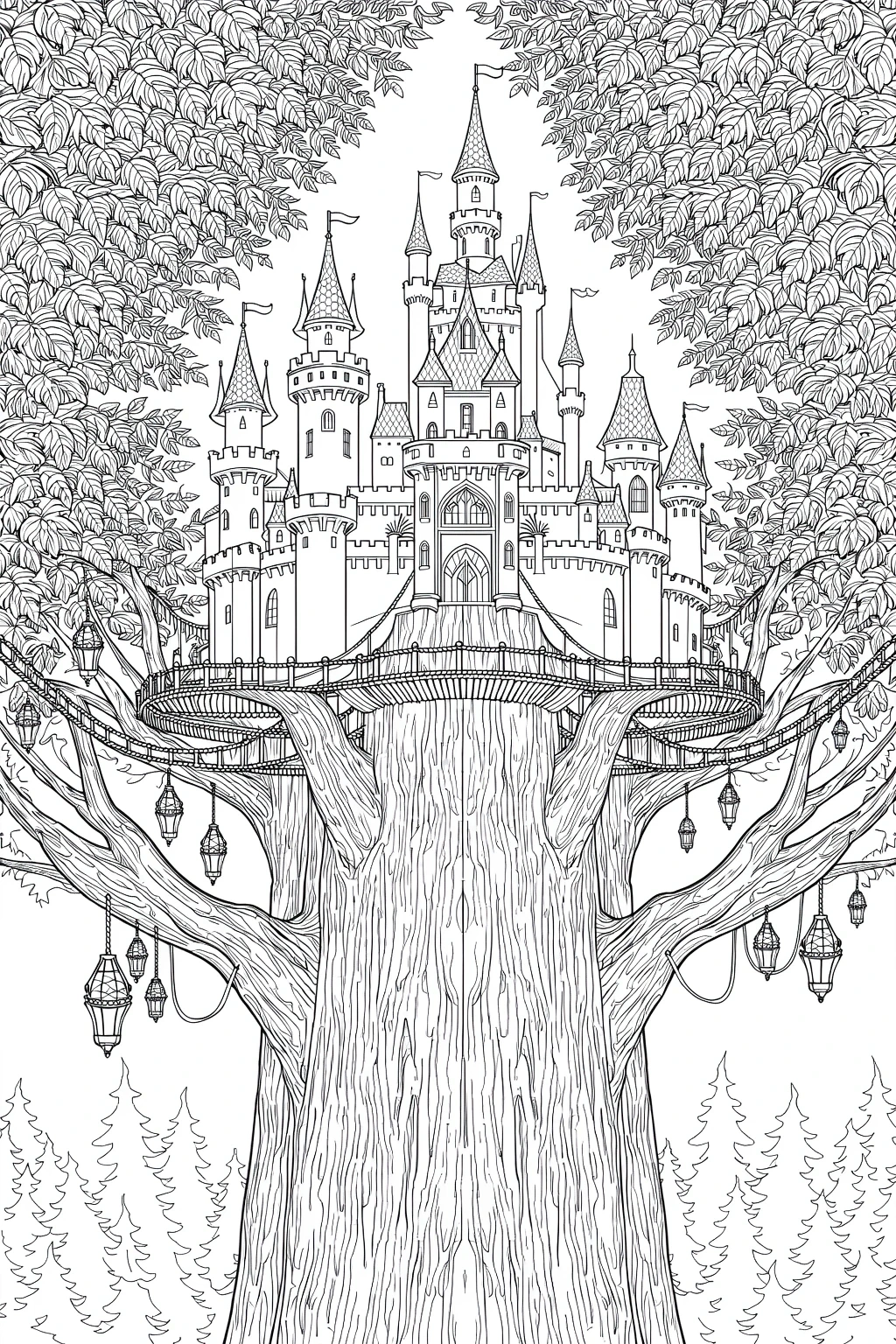 Black-and-white detailed castle treehouse coloring page with intricate leaves and lanterns detailed coloring page, kids' coloring page, printable coloring page, coloring sheets. Perfect for people who