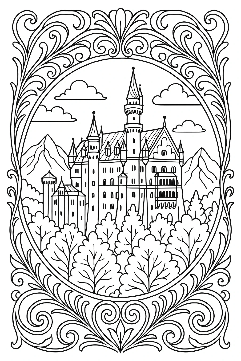 Ornate castle line art in an oval frame with trees and mountains detailed coloring page, kids' coloring page, printable coloring page and coloring sheets for a princess/knight themed printable.