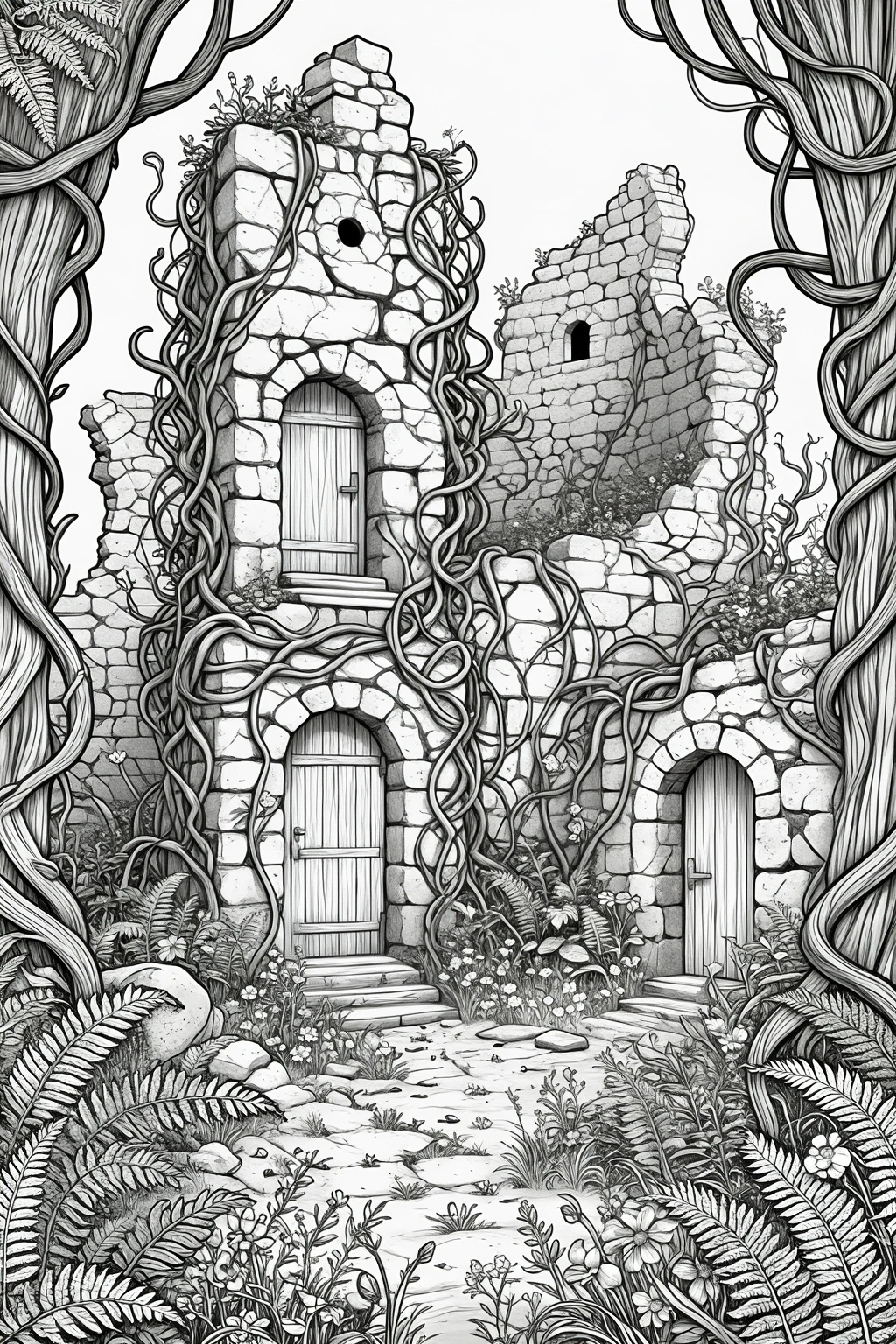 Black-and-white detailed coloring page of an overgrown stone ruin castle with vine-covered walls, wooden doors, wildflowers, and forest plants, designed as kids' coloring page and printable coloring