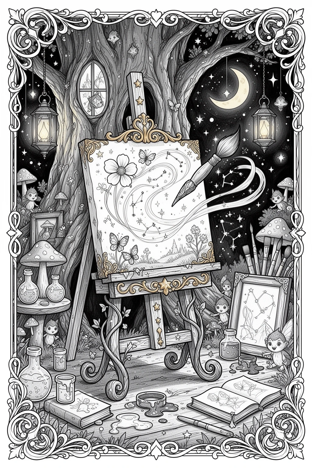 Self-Painting Magic Easel coloring page Enchanted Printable.