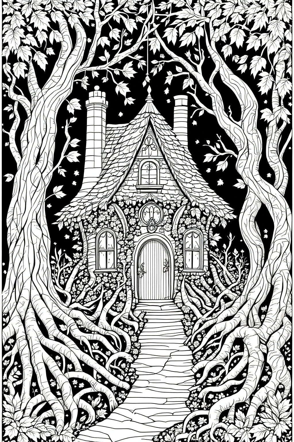 Black-and-white enchanted cottage in the woods line art a detailed coloring page scene showing a fairy-tale house among twisting tree roots and flowers. Perfect printable coloring page, kids' coloring