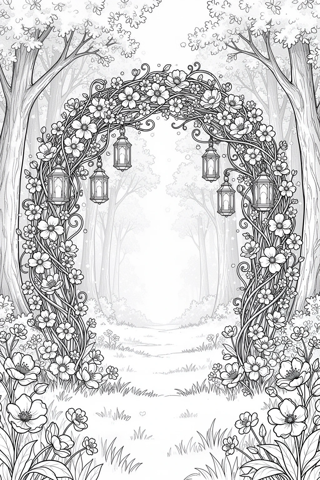 Black-and-white coloring page of enchanted forest arch coloring page.