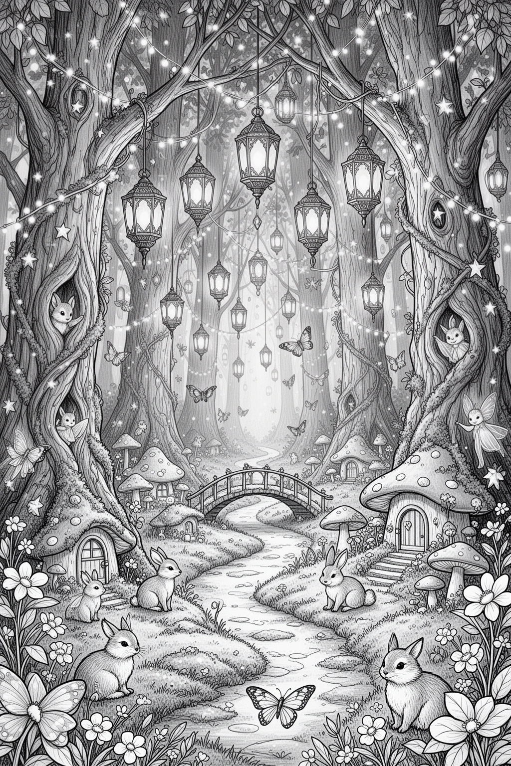 Lanternlit Forest Magic coloring page.