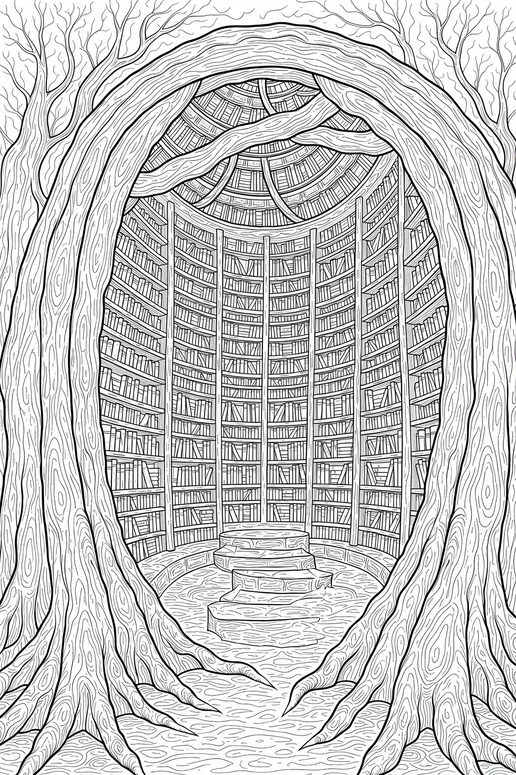 Black and white detailed library inside a hollow tree intricate, detailed coloring page ideal for kids' coloring page and an adult printable coloring page or coloring sheets; fantasy tree library with