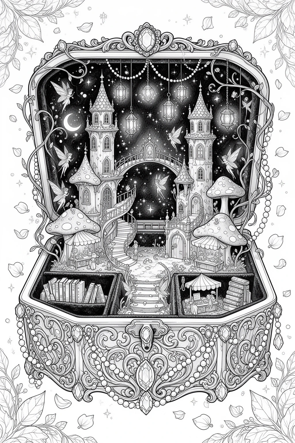 Enchanted Jewelry Box coloring page with a Tiny Fairy City.