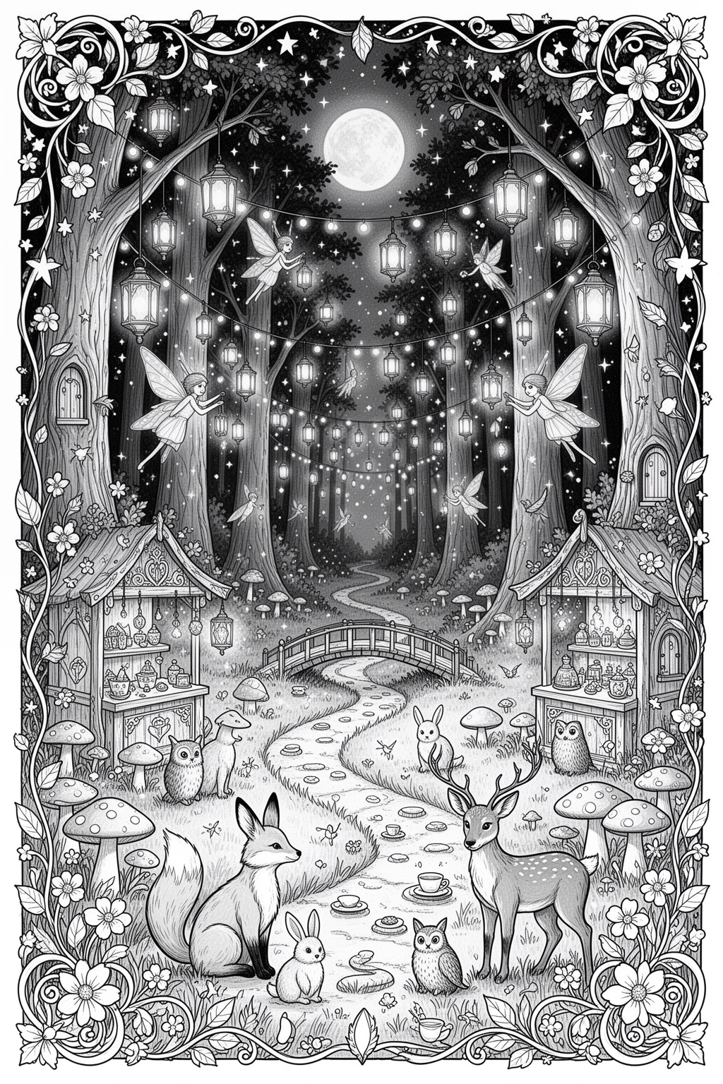 Enchanted Lantern Forest coloring page.