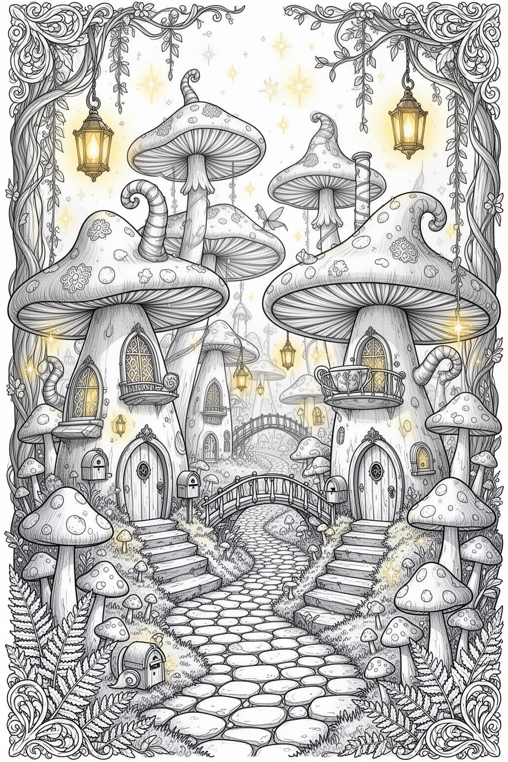 Enchanted Mushroom Village coloring page | Magical Printable.