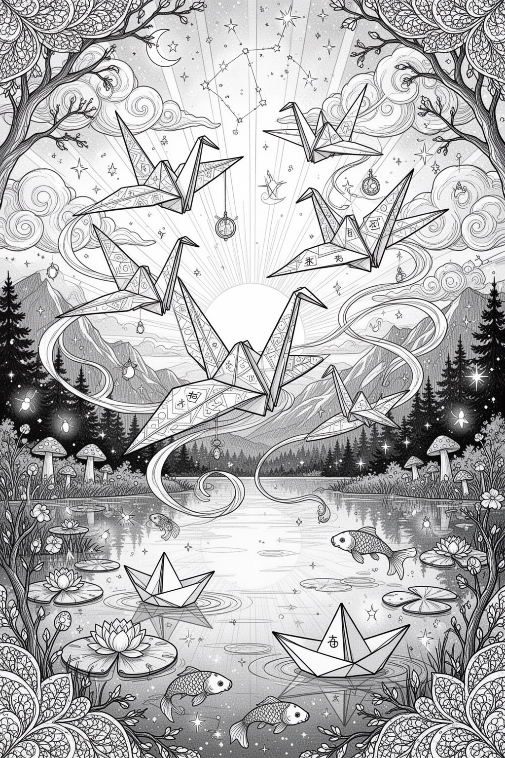 Can You Color This Magical Origami Crane Sunset? coloring page.
