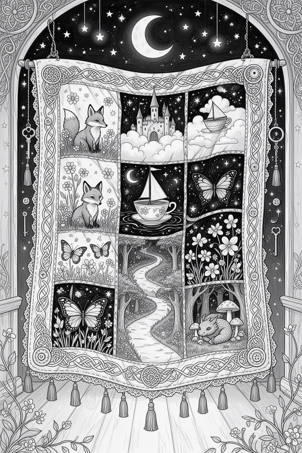 MAGICAL Quilt coloring page Moving Scenes in Every Patch.
